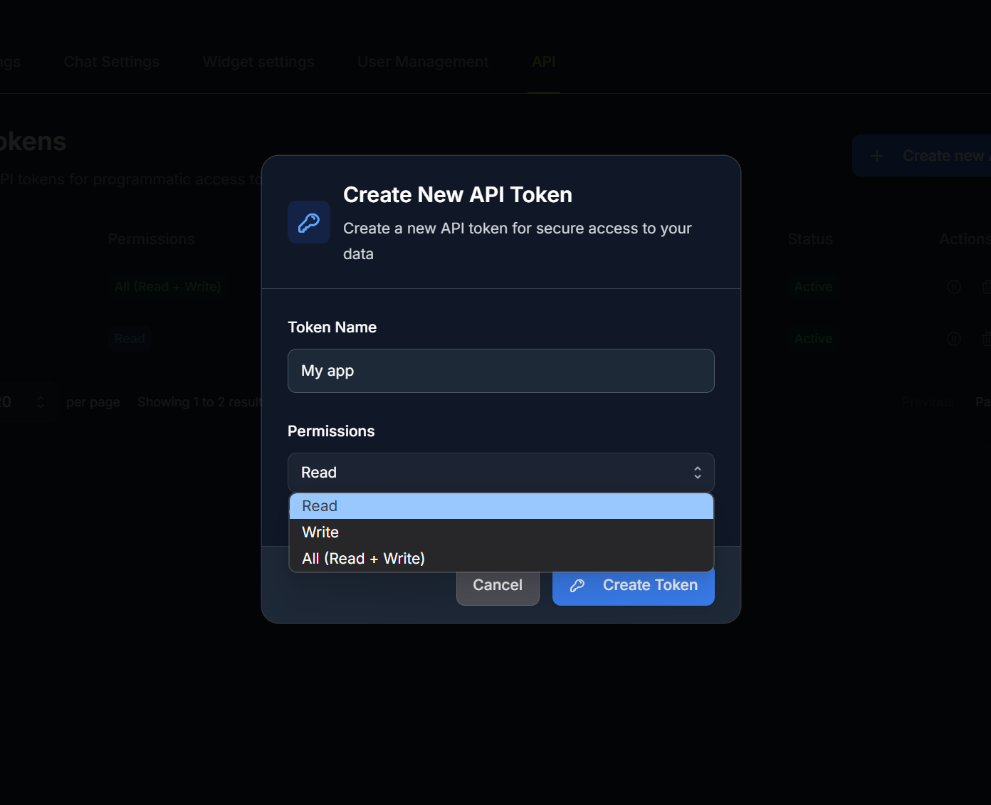Create API Token modal with name and permission fields